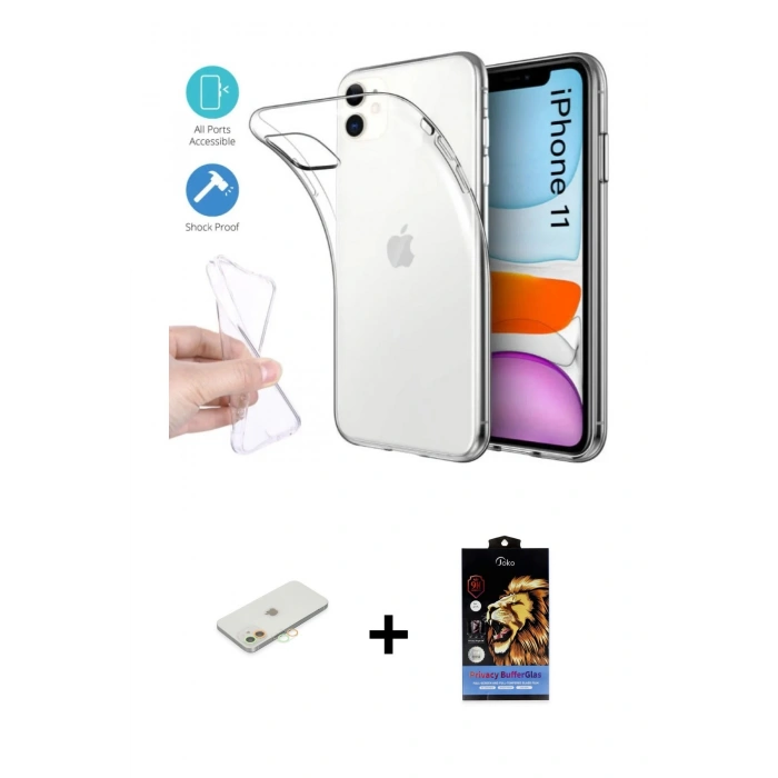 MARSİLYAN™- iPhone 11 Kılıf Zirve Doku - Siyah Buffer Hayalet Cam Ekran Koruyucu + Renkli Kamera Lens Koruma Cam - TU