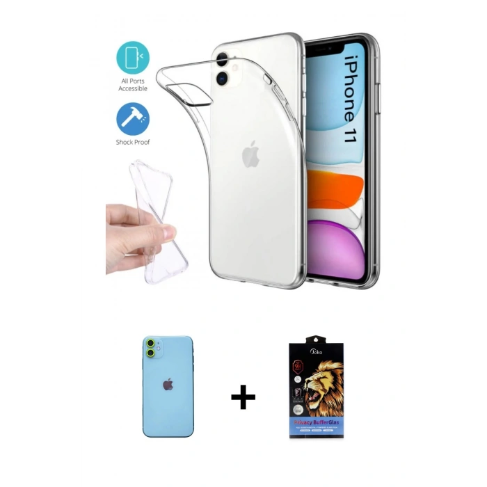MARSİLYAN™- iPhone 11 Kılıf Zirve Doku - Siyah Buffer Hayalet Cam Ekran Koruyucu + Neon Fosforlu Kamera Lens - YL