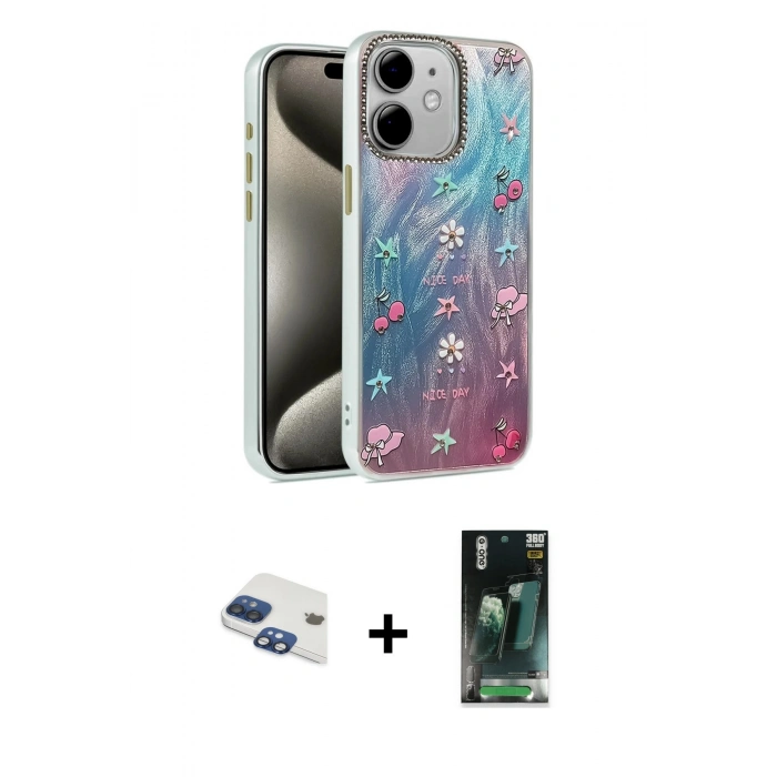 MARSİLYAN™- iPhone 11 Kılıf Zirve Modern Prime - Şeffaf 360 Full Body Arka Koruyucu + Lacivert Pers Alüminyum Kamera Lens