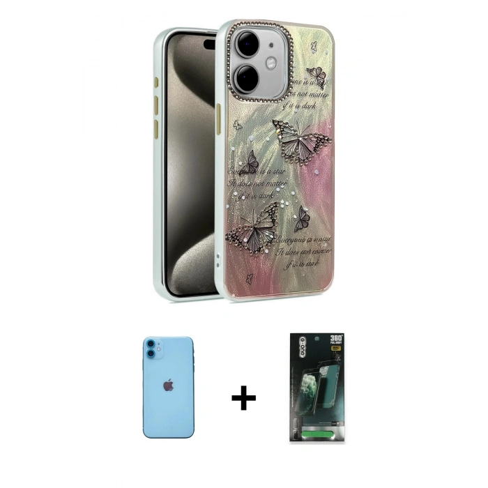 MARSİLYAN™- iPhone 11 Kılıf Zirve Modern Prime - Şeffaf 360 Full Body Arka Koruyucu + Neon Fosforlu Kamera Lens - MI