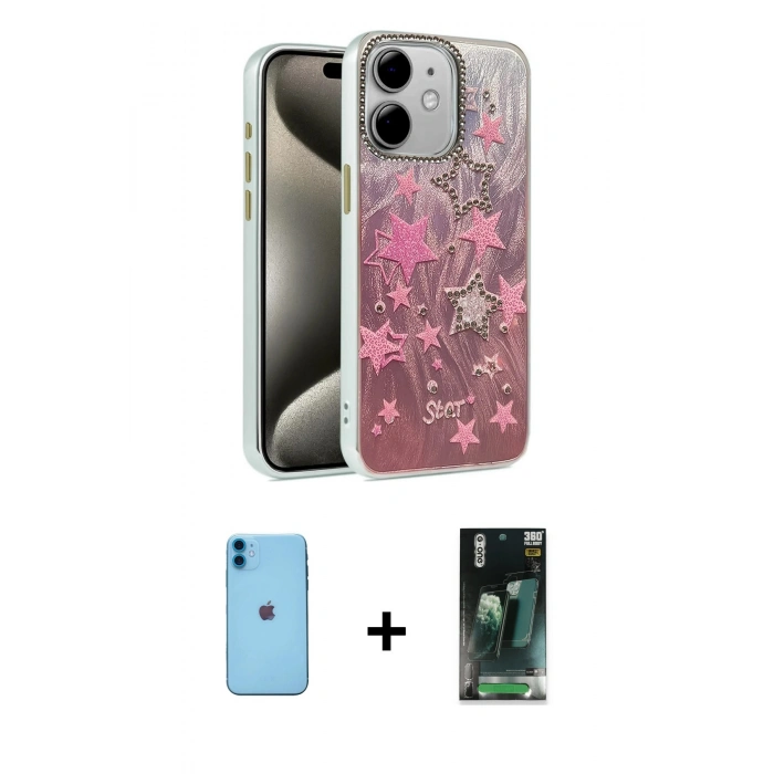 MARSİLYAN™- iPhone 11 Kılıf Zirve Modern Prime - Şeffaf 360 Full Body Arka Koruyucu + Neon Fosforlu Kamera Lens - MI