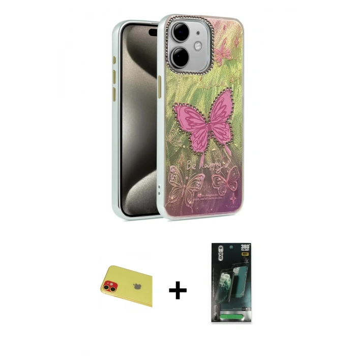 MARSİLYAN™- iPhone 11 Kılıf Zirve Modern Prime - Şeffaf 360 Full Body Arka Koruyucu + Rainbow Kamera Lens Koruma Cam - KI