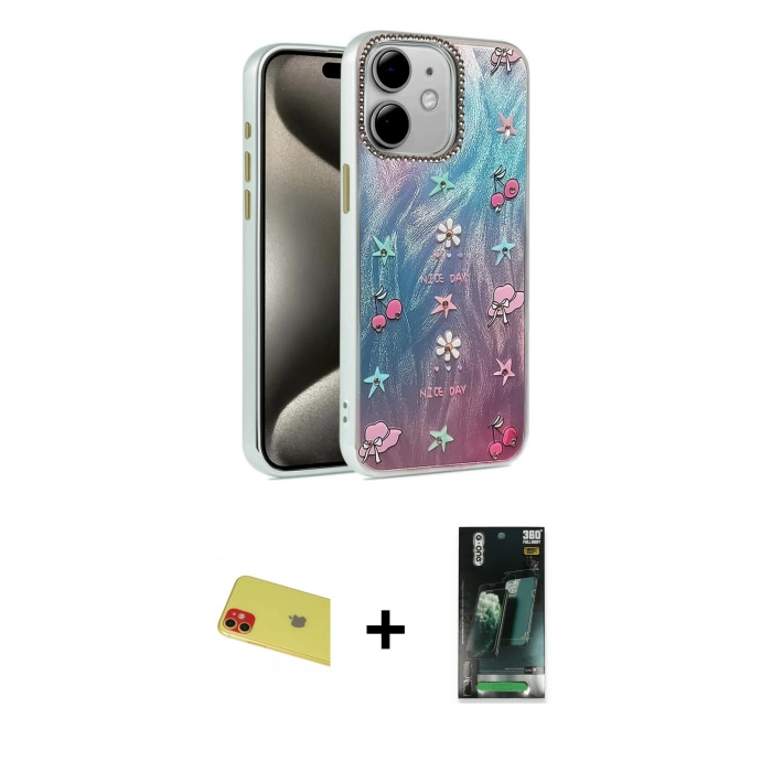 MARSİLYAN™- iPhone 11 Kılıf Zirve Modern Prime - Şeffaf 360 Full Body Arka Koruyucu + Rainbow Kamera Lens Koruma Cam - KI