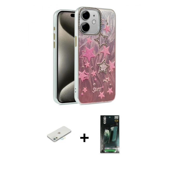 MARSİLYAN™- iPhone 11 Kılıf Zirve Modern Prime - Şeffaf 360 Full Body Arka Koruyucu + Renkli Kamera Lens Koruma Cam - SI