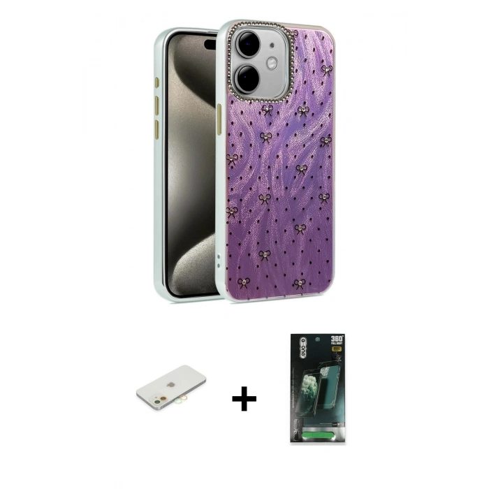 MARSİLYAN™- iPhone 11 Kılıf Zirve Modern Prime - Şeffaf 360 Full Body Arka Koruyucu + Renkli Kamera Lens Koruma Cam - TU