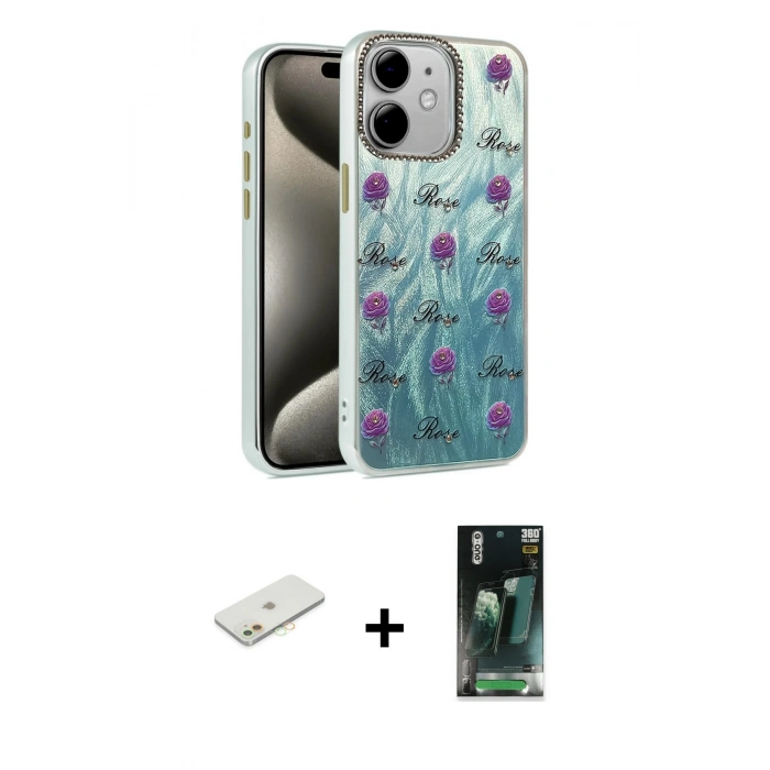 MARSİLYAN™- iPhone 11 Kılıf Zirve Modern Prime - Şeffaf 360 Full Body Arka Koruyucu + Renkli Kamera Lens Koruma Cam - TU