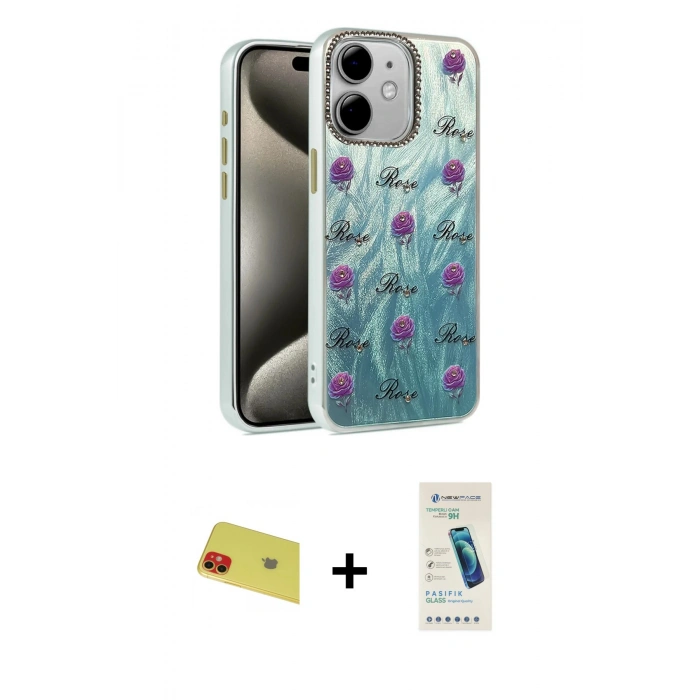 MARSİLYAN™- iPhone 11 Kılıf Zirve Modern Prime - Şeffaf Pasifik Cam Ekran Koruyucu + Kırmızı Rainbow Kamera Lens Koruma Cam