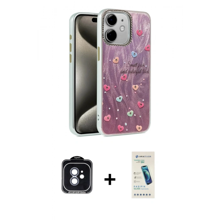 MARSİLYAN™- iPhone 11 Kılıf Zirve Modern Prime - Şeffaf Pasifik Cam Ekran Koruyucu + PVD Metal Kamera Lens - MI