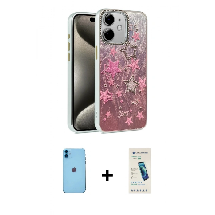 MARSİLYAN™- iPhone 11 Kılıf Zirve Modern Prime - Şeffaf Pasifik Cam Ekran Koruyucu + Neon Fosforlu Kamera Lens - MI