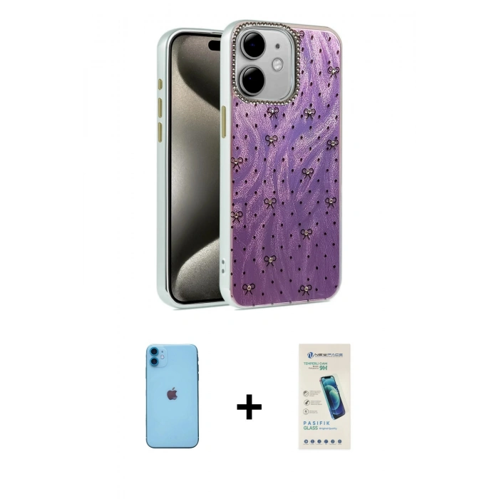 MARSİLYAN™- iPhone 11 Kılıf Zirve Modern Prime - Şeffaf Pasifik Cam Ekran Koruyucu + Neon Fosforlu Kamera Lens - MI