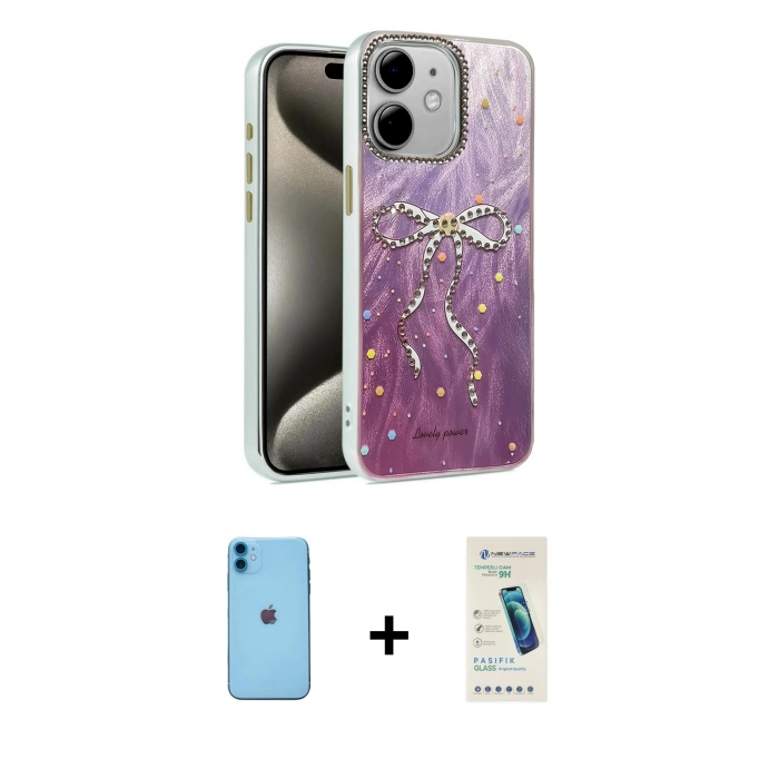 MARSİLYAN™- iPhone 11 Kılıf Zirve Modern Prime - Şeffaf Pasifik Cam Ekran Koruyucu + Neon Fosforlu Kamera Lens - MI