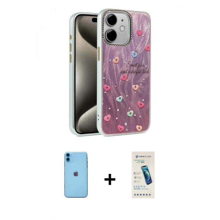 MARSİLYAN™- iPhone 11 Kılıf Zirve Modern Prime - Şeffaf Pasifik Cam Ekran Koruyucu + Neon Fosforlu Kamera Lens - MI