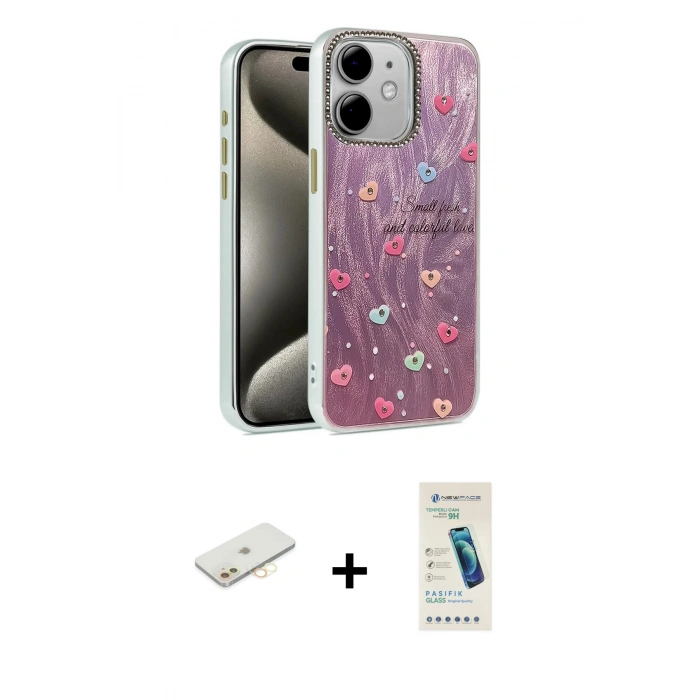 MARSİLYAN™- iPhone 11 Kılıf Zirve Modern Prime - Şeffaf Pasifik Cam Ekran Koruyucu + Renkli Kamera Lens Koruma Cam - SI