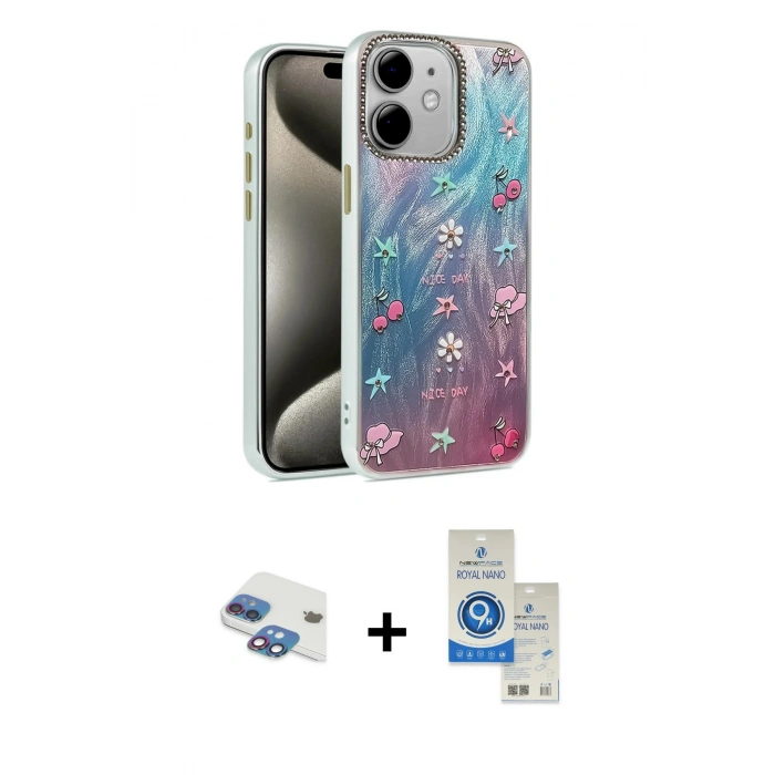 MARSİLYAN™- iPhone 11 Kılıf Zirve Modern Prime - Şeffaf Royal Nano Ekran Koruyucu + Pers Alüminyum Kamera Lens - GI
