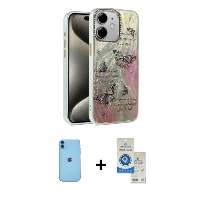 MARSİLYAN™- iPhone 11 Kılıf Zirve Modern Prime - Şeffaf Royal Nano Ekran Koruyucu + Neon Fosforlu Kamera Lens - MI