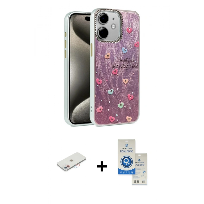 MARSİLYAN™- iPhone 11 Kılıf Zirve Modern Prime - Şeffaf Royal Nano Ekran Koruyucu + Renkli Kamera Lens Koruma Cam - PE