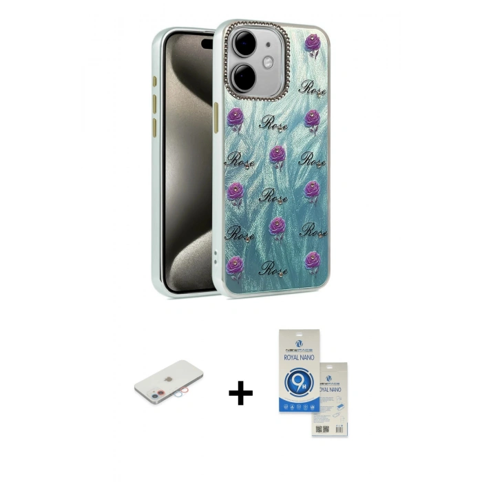 MARSİLYAN™- iPhone 11 Kılıf Zirve Modern Prime - Şeffaf Royal Nano Ekran Koruyucu + Renkli Kamera Lens Koruma Cam - PE