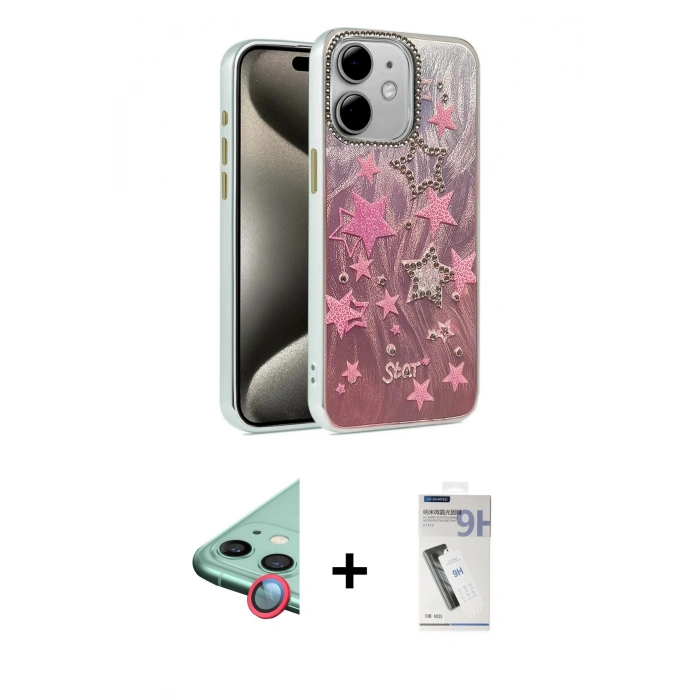 MARSİLYAN™- iPhone 11 Kılıf Zirve Modern Prime - Şeffaf Uv Polymer Nano Ekran Koruyucu + Kırmızı Raze Metal Kamera Lens