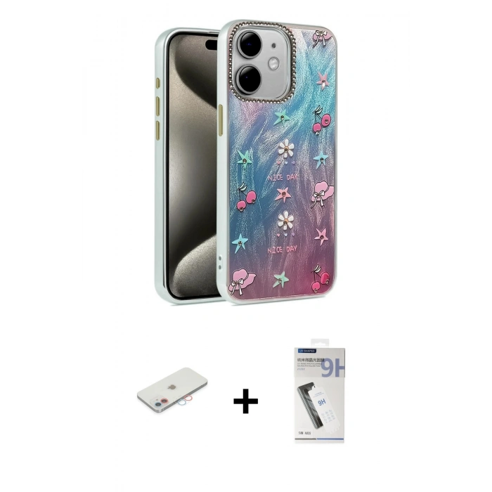 MARSİLYAN™- iPhone 11 Kılıf Zirve Modern Prime - Şeffaf Uv Polymer Nano Ekran Koruyucu + Pembe Renkli Kamera Lens Koruma Cam