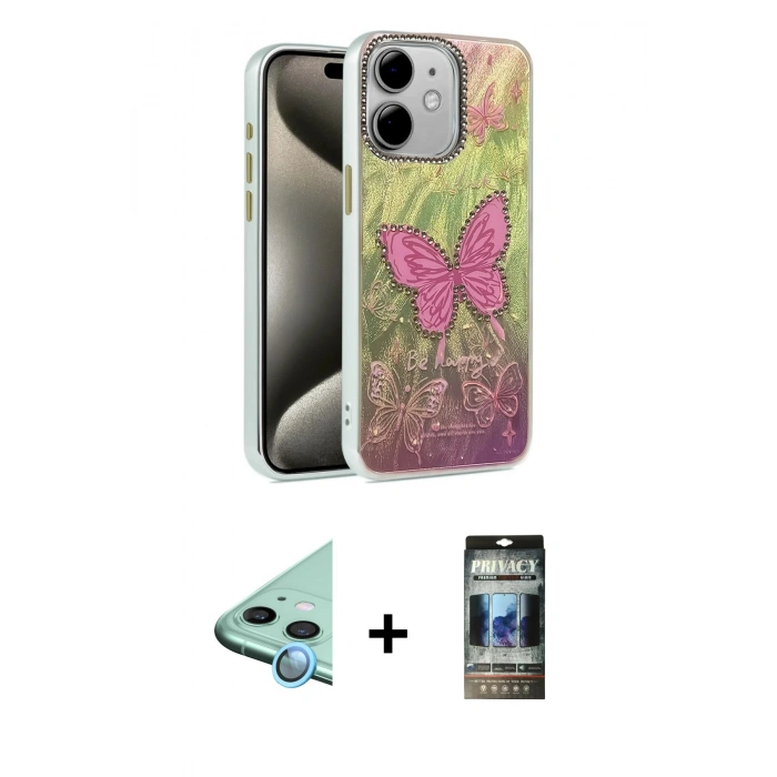 MARSİLYAN™- iPhone 11 Kılıf Zirve Modern Prime - Siyah 34D Hayalet Izgaralı Cam + Raze Metal Kamera Lens - MI