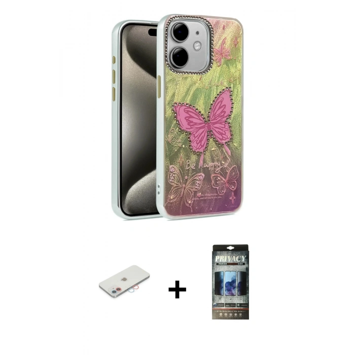 MARSİLYAN™- iPhone 11 Kılıf Zirve Modern Prime - Siyah 34D Hayalet Izgaralı Cam + Renkli Kamera Lens Koruma Cam - PE