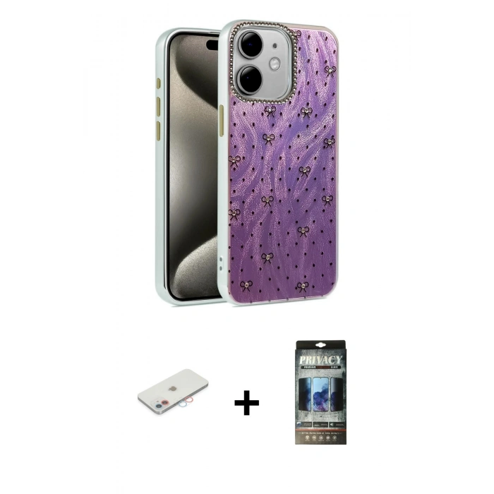 MARSİLYAN™- iPhone 11 Kılıf Zirve Modern Prime - Siyah 34D Hayalet Izgaralı Cam + Renkli Kamera Lens Koruma Cam - PE