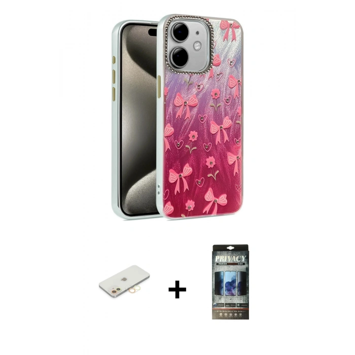 MARSİLYAN™- iPhone 11 Kılıf Zirve Modern Prime - Siyah 34D Hayalet Izgaralı Cam + Renkli Kamera Lens Koruma Cam - SI