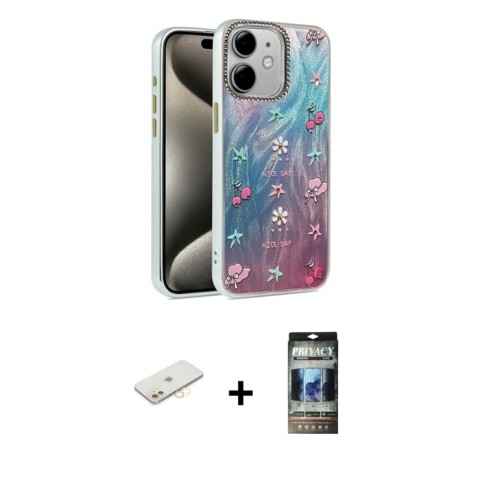 MARSİLYAN™- iPhone 11 Kılıf Zirve Modern Prime - Siyah 34D Hayalet Izgaralı Cam + Renkli Kamera Lens Koruma Cam - SI