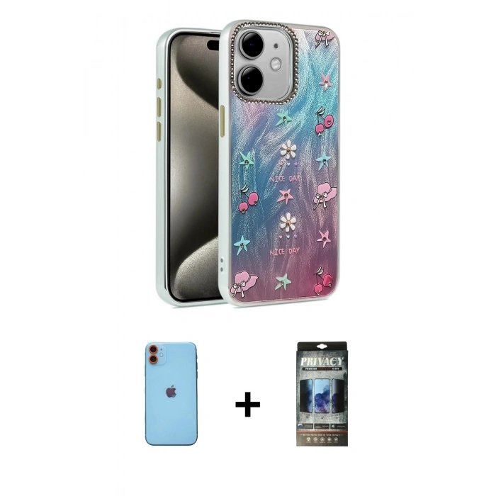 MARSİLYAN™- iPhone 11 Kılıf Zirve Modern Prime - Siyah 34D Hayalet Izgaralı Cam + Neon Fosforlu Kamera Lens - TU