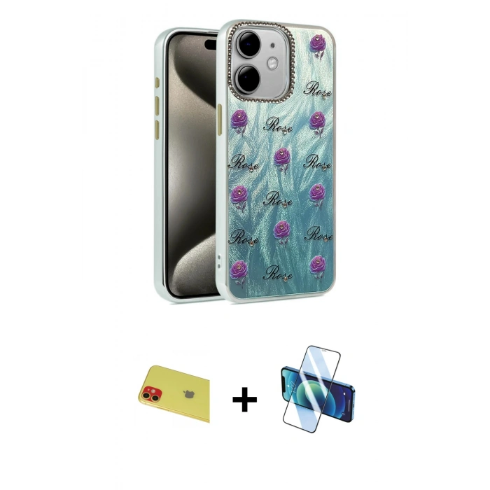 MARSİLYAN™- iPhone 11 Kılıf Zirve Modern Prime - Siyah 3D Antistatik Cam Ekran Koruyucu + Rainbow Kamera Lens Koruma Cam - KI