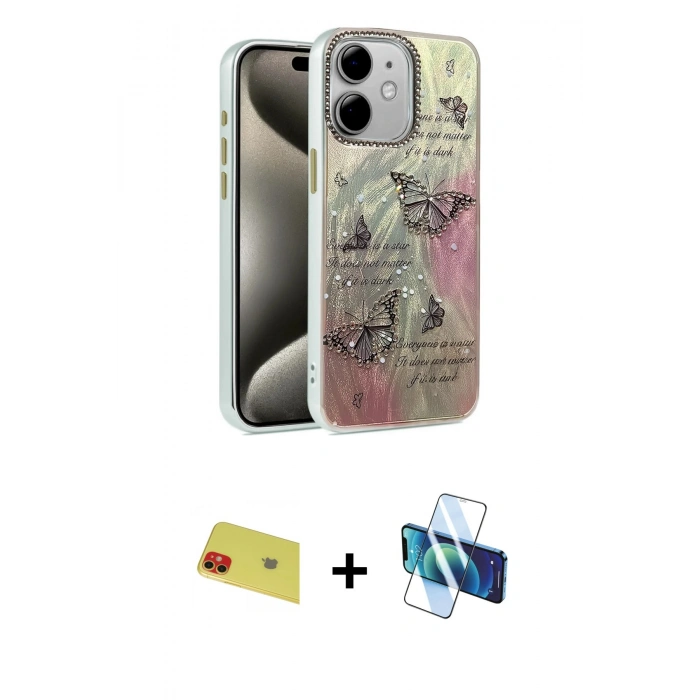 MARSİLYAN™- iPhone 11 Kılıf Zirve Modern Prime - Siyah 3D Antistatik Cam Ekran Koruyucu + Rainbow Kamera Lens Koruma Cam - KI