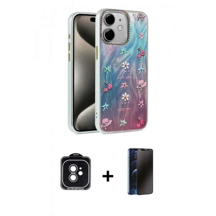 MARSİLYAN™- iPhone 11 Kılıf Zirve Modern Prime - Siyah 3D Antistatik Hayalet Cam Ekran Koruyucu + PVD Metal Kamera Lens - SH