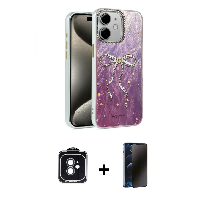 MARSİLYAN™- iPhone 11 Kılıf Zirve Modern Prime - Siyah 3D Antistatik Hayalet Cam Ekran Koruyucu + PVD Metal Kamera Lens - SH