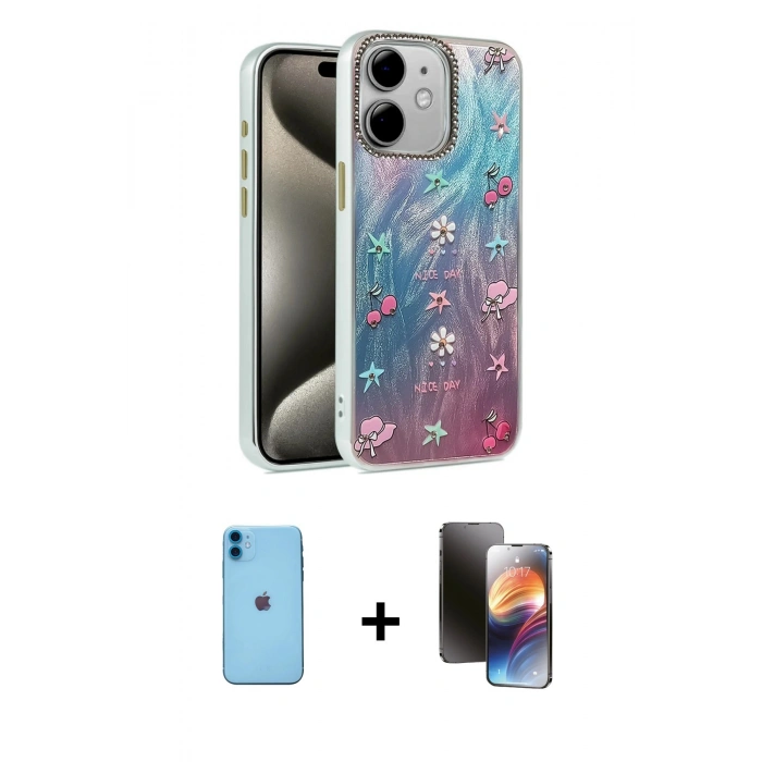 MARSİLYAN™- iPhone 11 Kılıf Zirve Modern Prime - Siyah 3D Antistatik Mat Seramik Nano Ekran Koruyucu + Neon Fosforlu Kamera Lens - MI