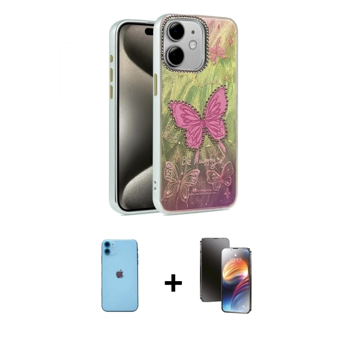 MARSİLYAN™- iPhone 11 Kılıf Zirve Modern Prime - Siyah 3D Antistatik Mat Seramik Nano Ekran Koruyucu + Neon Fosforlu Kamera Lens - MI