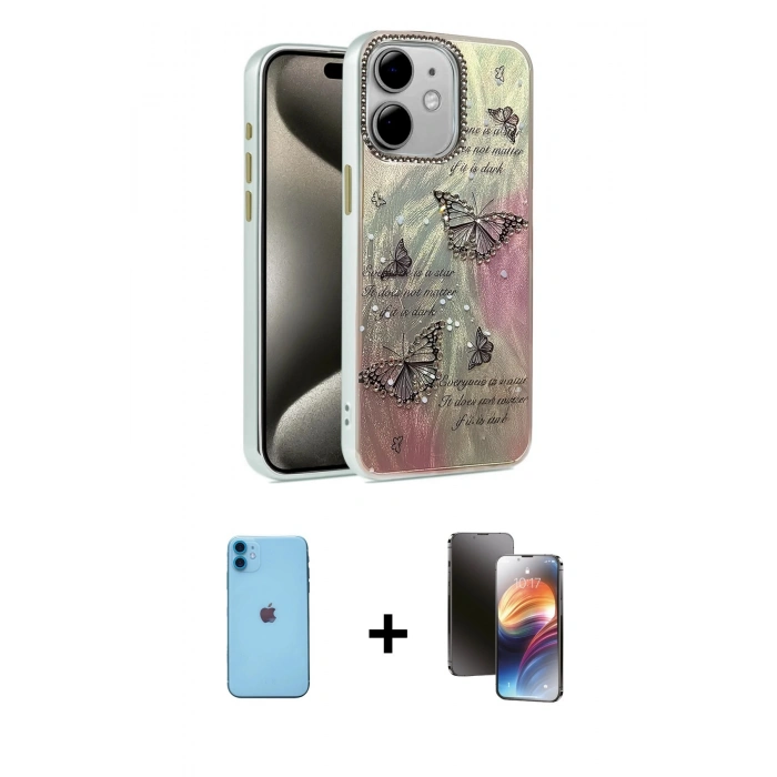 MARSİLYAN™- iPhone 11 Kılıf Zirve Modern Prime - Siyah 3D Antistatik Mat Seramik Nano Ekran Koruyucu + Neon Fosforlu Kamera Lens - MI