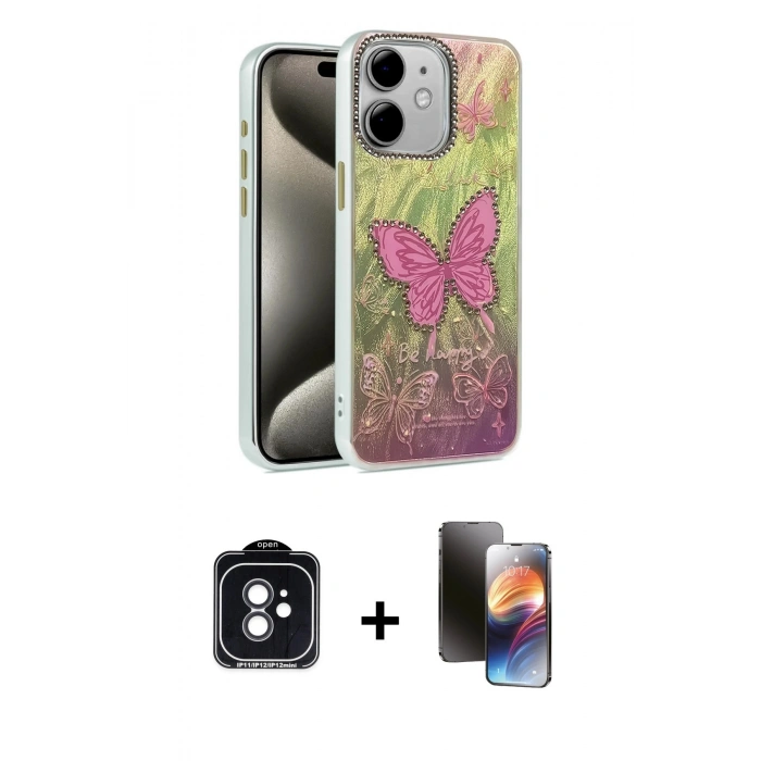 MARSİLYAN™- iPhone 11 Kılıf Zirve Modern Prime - Siyah 3D Antistatik Mat Seramik Nano Ekran Koruyucu + PVD Metal Kamera Lens - SH