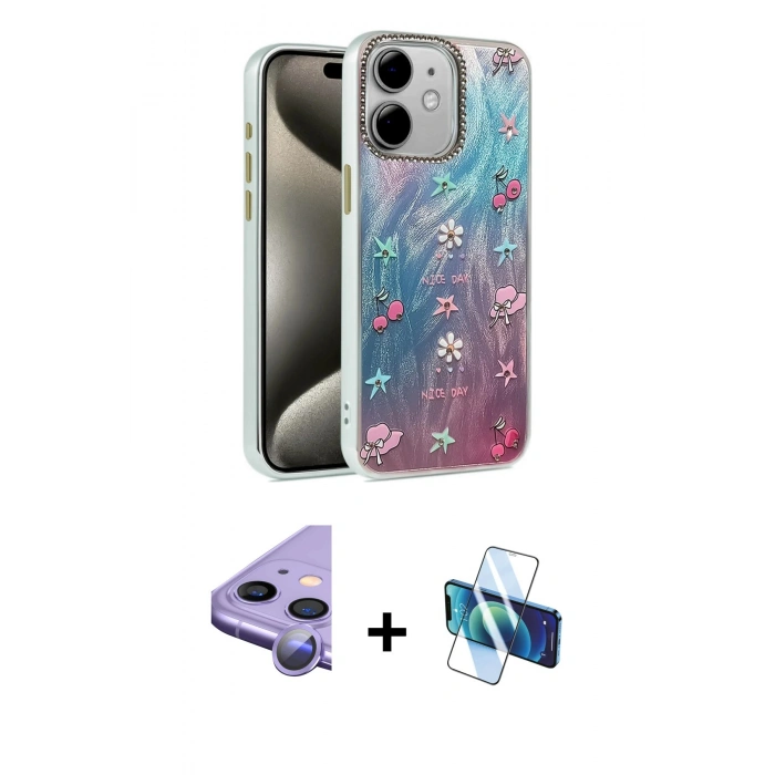MARSİLYAN™- iPhone 11 Kılıf Zirve Modern Prime - Siyah 3D Antistatik Seramik Nano Ekran Koruyucu + Mor Raze Metal Kamera Lens