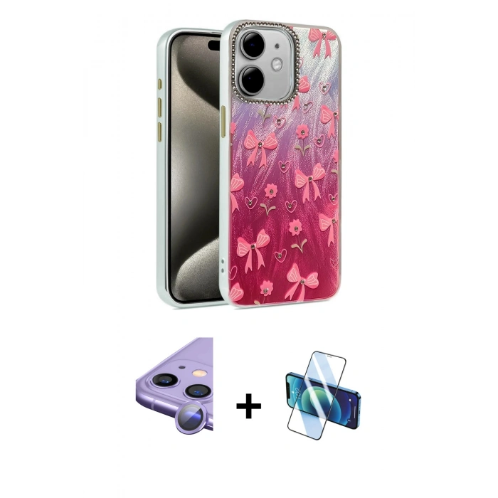 MARSİLYAN™- iPhone 11 Kılıf Zirve Modern Prime - Siyah 3D Antistatik Seramik Nano Ekran Koruyucu + Mor Raze Metal Kamera Lens