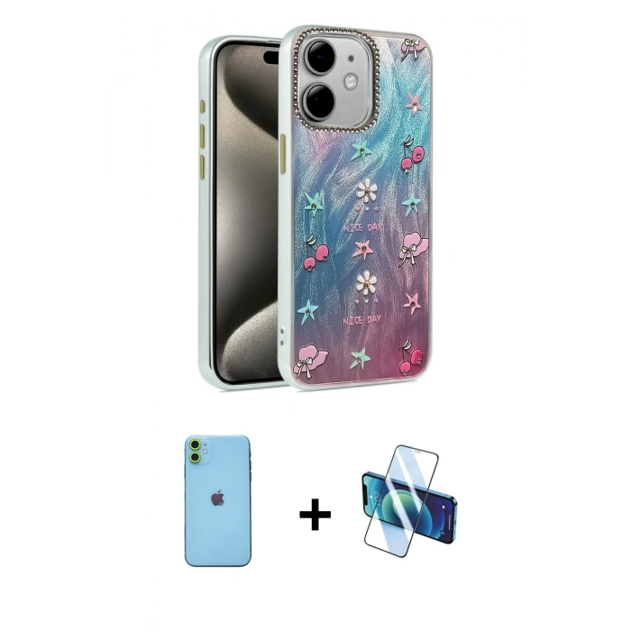 MARSİLYAN™- iPhone 11 Kılıf Zirve Modern Prime - Siyah 3D Antistatik Seramik Nano Ekran Koruyucu + Neon Fosforlu Kamera Lens - YL