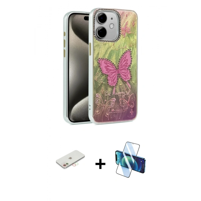 MARSİLYAN™- iPhone 11 Kılıf Zirve Modern Prime - Siyah 3D Antistatik Seramik Nano Ekran Koruyucu + Renkli Kamera Lens Koruma Cam - YL