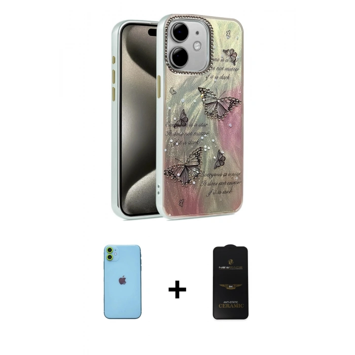 MARSİLYAN™- iPhone 11 Kılıf Zirve Modern Prime - Siyah 6D Antistatik Mat Seramik Hayalet Nano Ekran Koruyucu + Neon Fosforlu Kamera Lens - YL