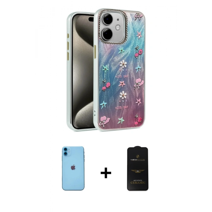 MARSİLYAN™- iPhone 11 Kılıf Zirve Modern Prime - Siyah 6D Antistatik Mat Seramik Hayalet Nano Ekran Koruyucu + Neon Fosforlu Kamera Lens - MI