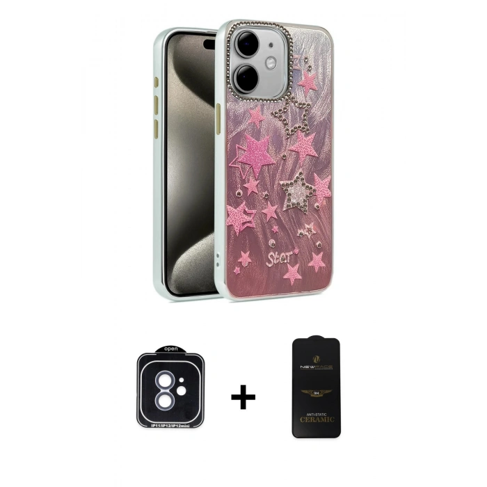 MARSİLYAN™- iPhone 11 Kılıf Zirve Modern Prime - Siyah 6D Antistatik Mat Seramik Hayalet Nano Ekran Koruyucu + Mavi PVD Metal Kamera Lens