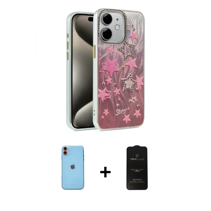 MARSİLYAN™- iPhone 11 Kılıf Zirve Modern Prime - Siyah 6D Antistatik Mat Seramik Hayalet Nano Ekran Koruyucu + Neon Fosforlu Kamera Lens - TU
