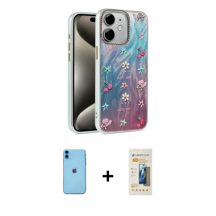 MARSİLYAN™- iPhone 11 Kılıf Zirve Modern Prime - Siyah 6D Mat Seramik Hayalet Nano Ekran Koruyucu + Neon Fosforlu Kamera Lens - MI