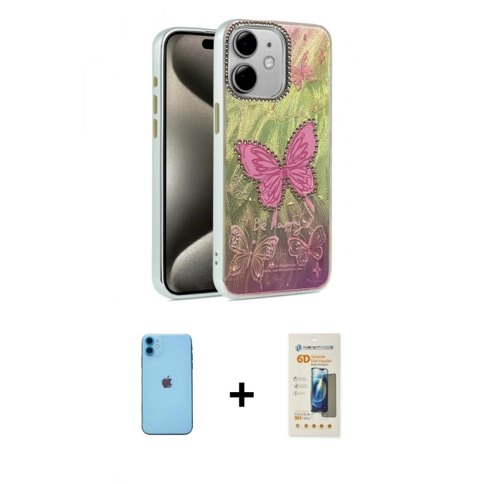 MARSİLYAN™- iPhone 11 Kılıf Zirve Modern Prime - Siyah 6D Mat Seramik Hayalet Nano Ekran Koruyucu + Neon Fosforlu Kamera Lens - MI