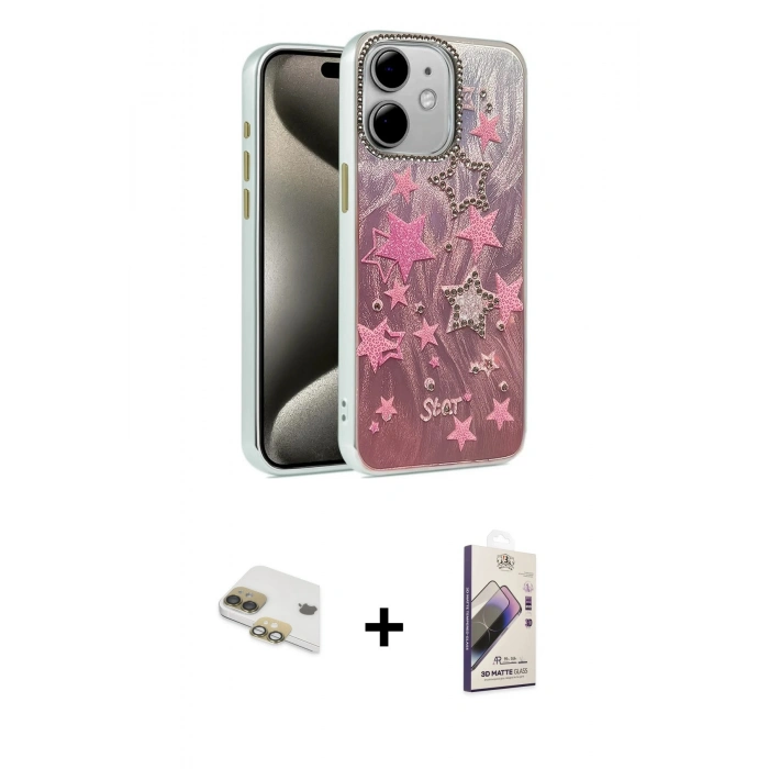 MARSİLYAN™- iPhone 11 Kılıf Zirve Modern Prime - Siyah Bilvis 3D Mat Cam Ekran Koruyucu + Gold Pers Alüminyum Kamera Lens