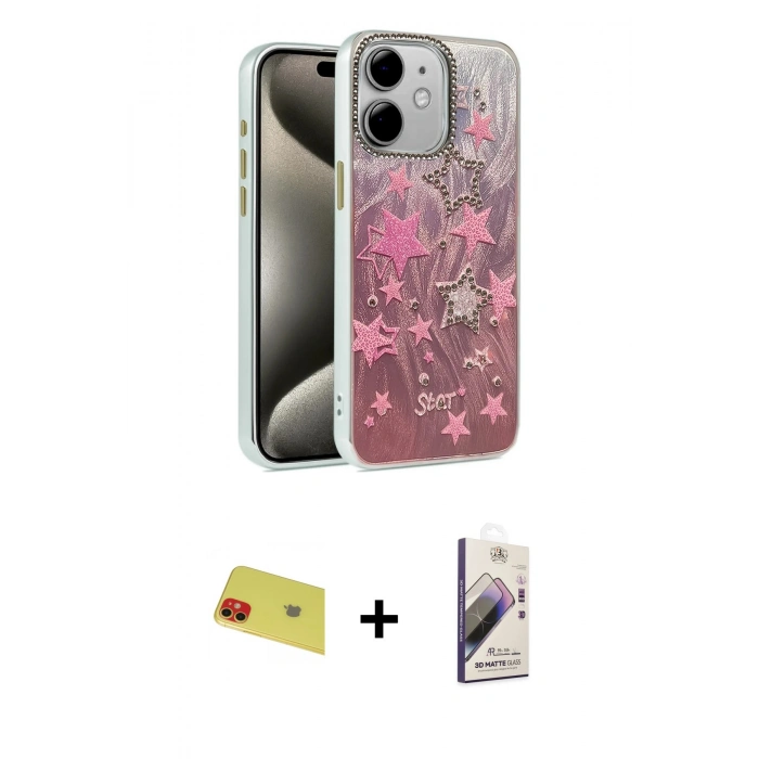 MARSİLYAN™- iPhone 11 Kılıf Zirve Modern Prime - Siyah Bilvis 3D Mat Cam Ekran Koruyucu + Rainbow Kamera Lens Koruma Cam - KI