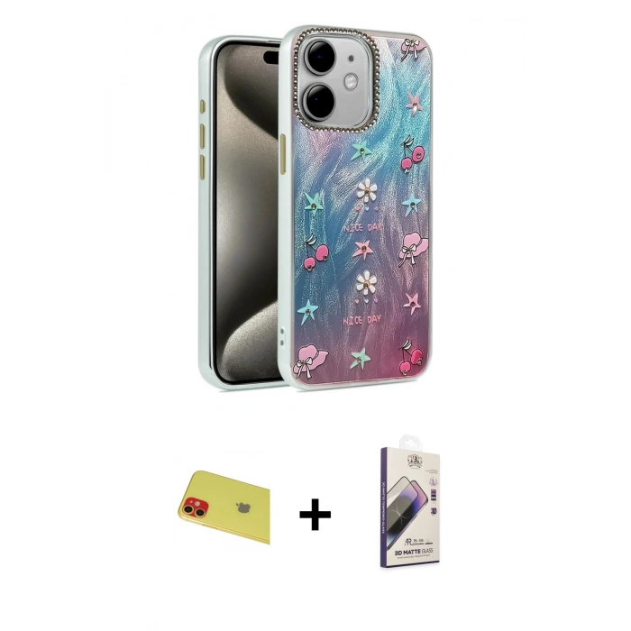 MARSİLYAN™- iPhone 11 Kılıf Zirve Modern Prime - Siyah Bilvis 3D Mat Cam Ekran Koruyucu + Rainbow Kamera Lens Koruma Cam - KI